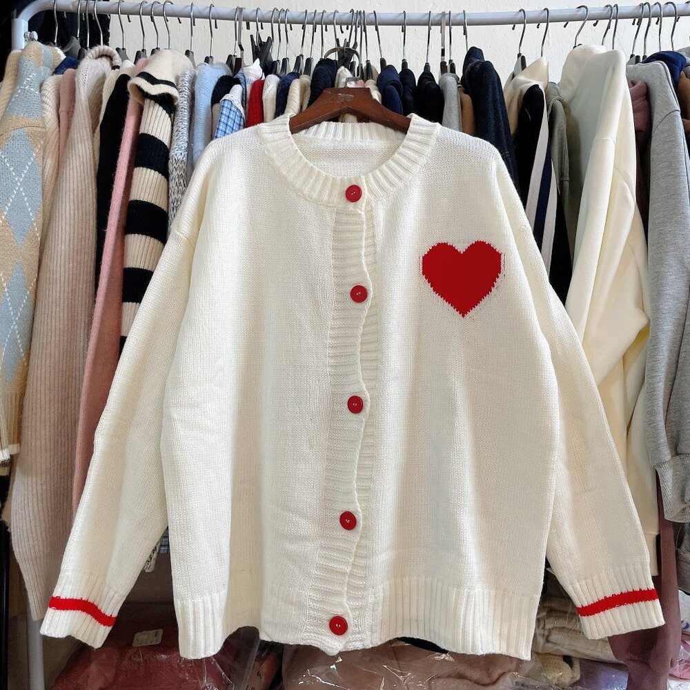 Cream Knit Cardigan Red Heart Embroidered